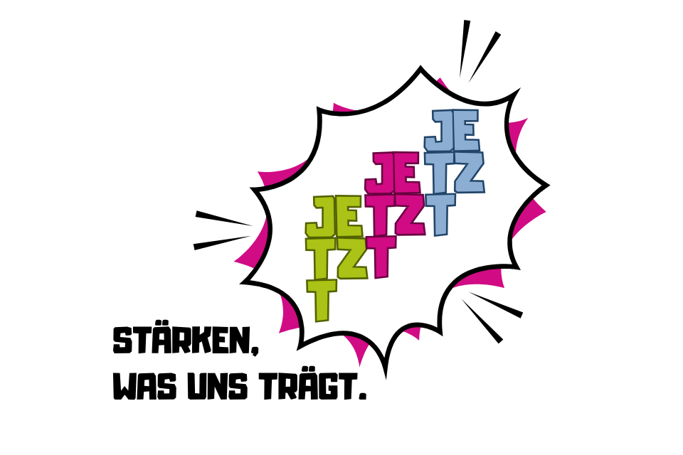 Sprechblase mit dem Wort Jetzt und ein Sogan.