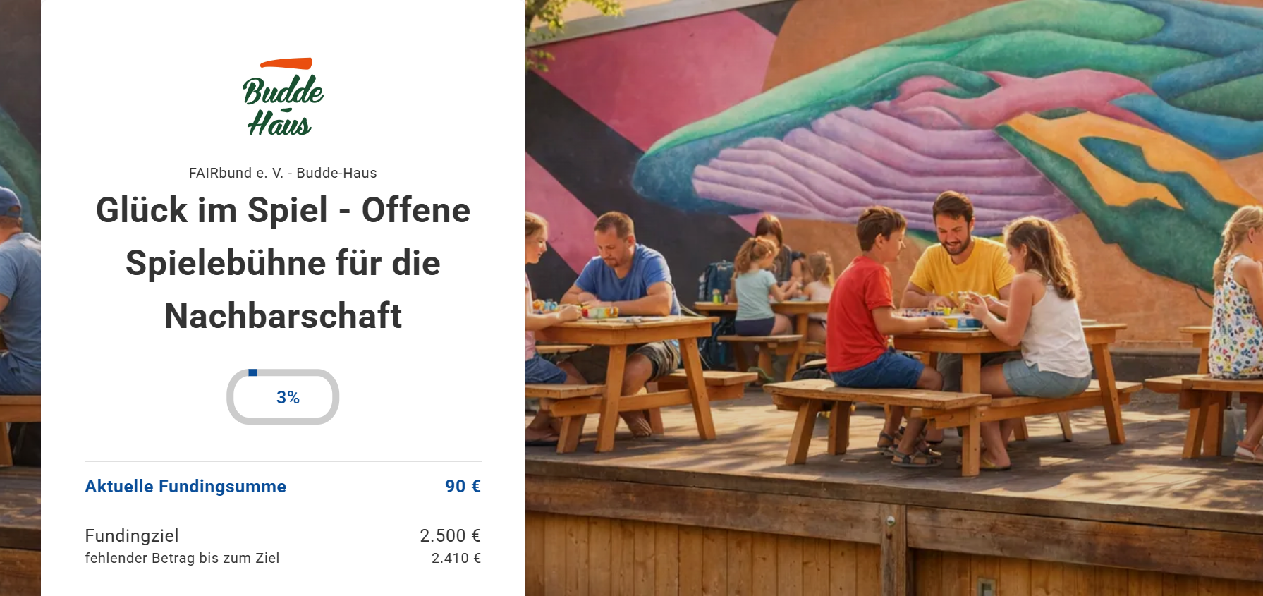 Screenshot der Crowdfunding-Aktion „Glück im Spiel“ für die Spielbühne im Budde-Haus: Familien spielen an Tischen im Kunstgarten (90 € von 2.500 € erreicht).