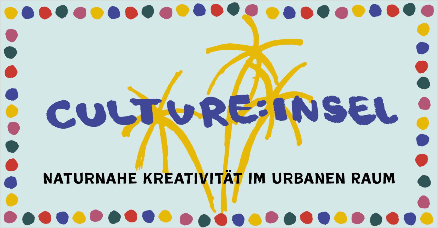 Plakat „CULTURE INSEL“ mit buntem Punkt-Rahmen und gelben Palmen, Slogan darunter
