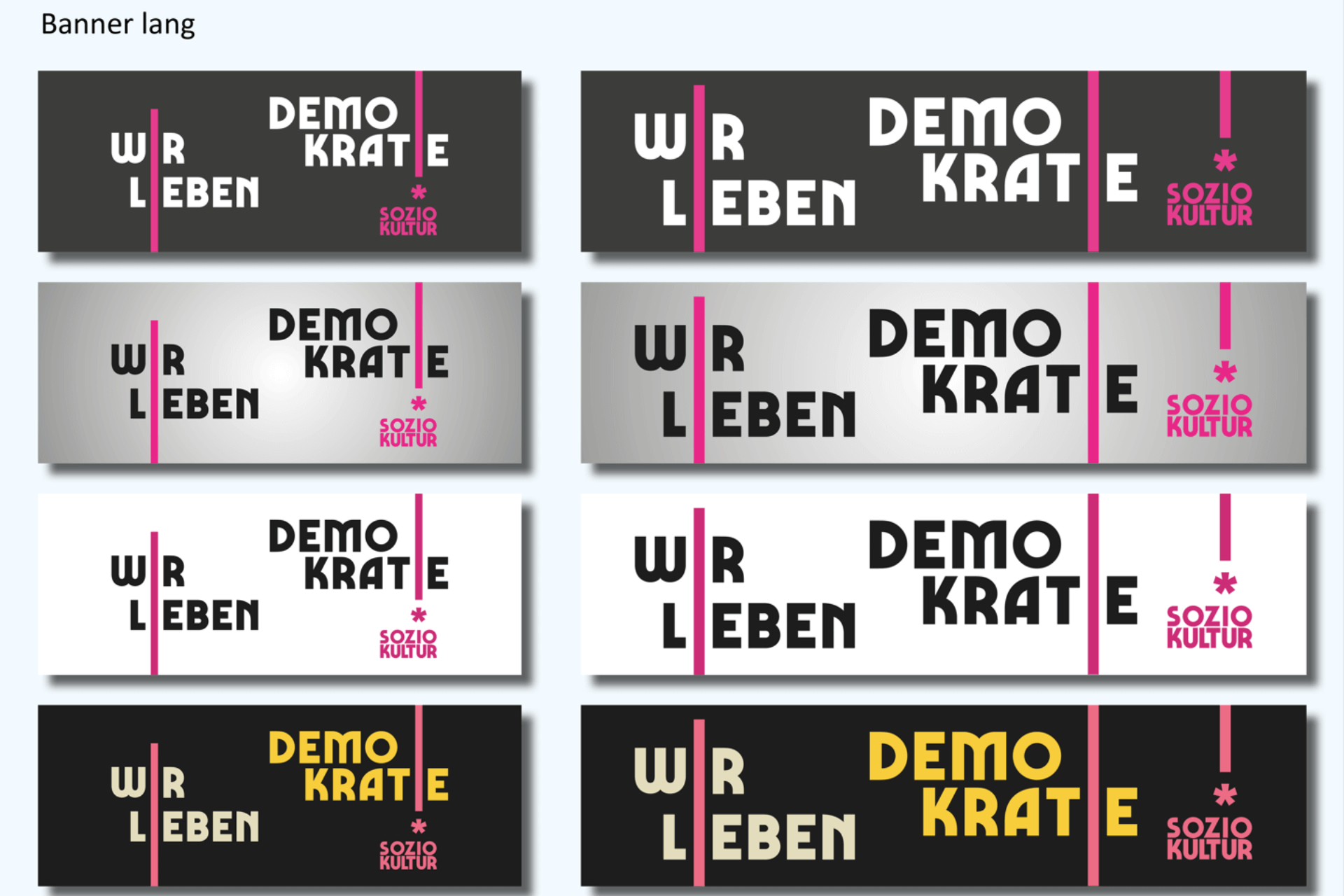 Verschiedene lange Banner-Varianten der Kampagne Wir leben Demokratie vom Verband Soziokultur.