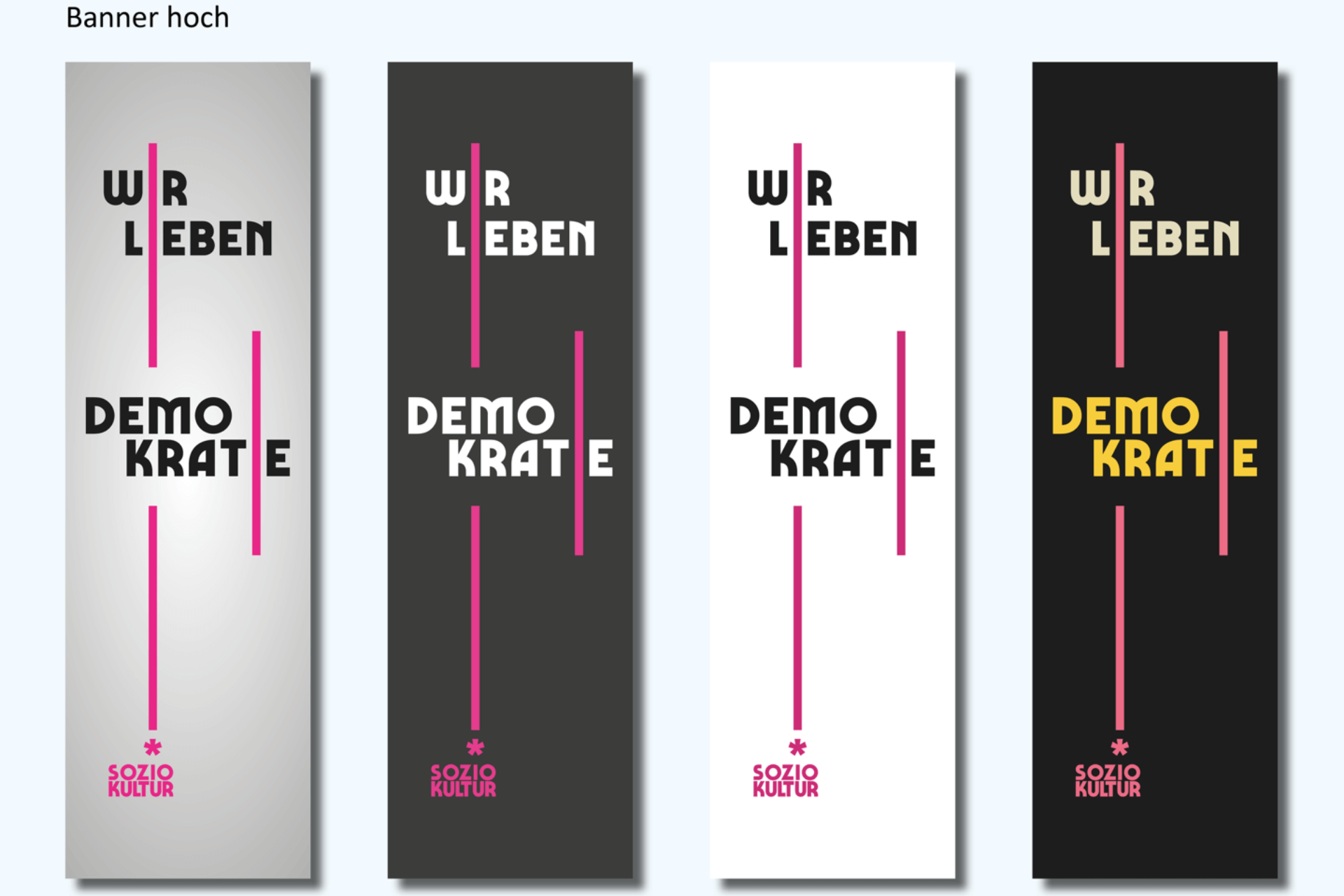 Verschiedene Banner im Hochformat der Kampagne Wir leben Demokratie vom Verband Soziokultur.