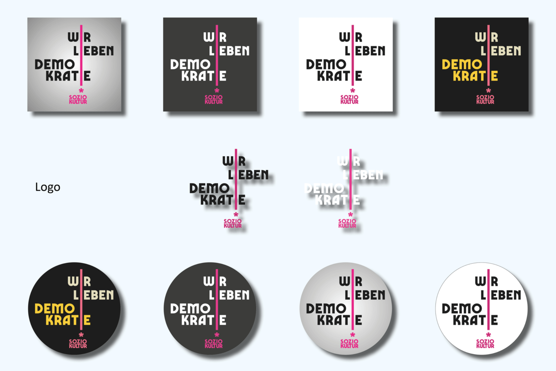 Übersicht verschiedener Logo-Varianten der Kampagne Wir leben Demokratie vom Verband Soziokultur.