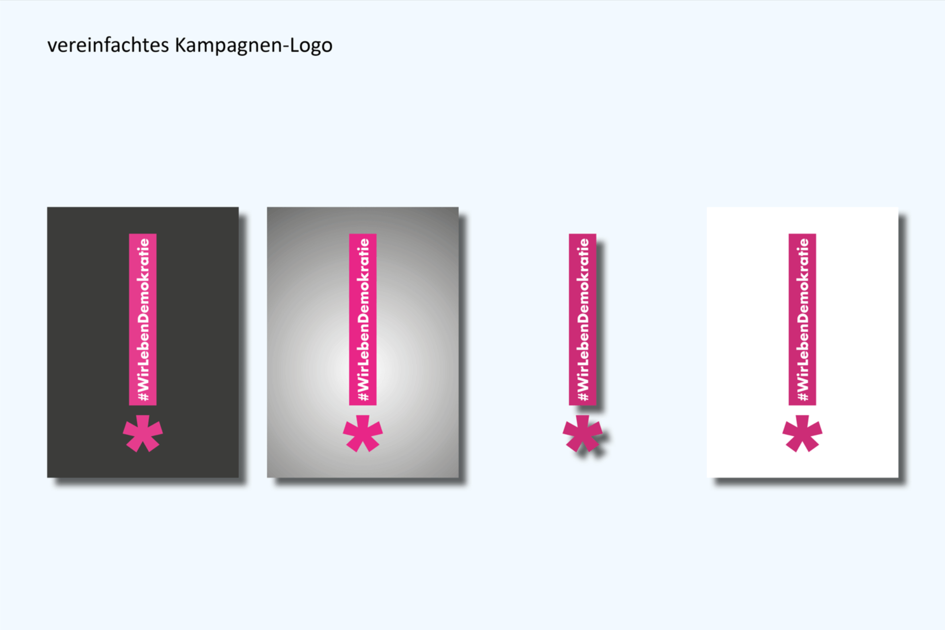 Vier Varianten des vereinfachten Logos mit dem Hashtag WirLebenDemokratie und einem Stern-Icon.