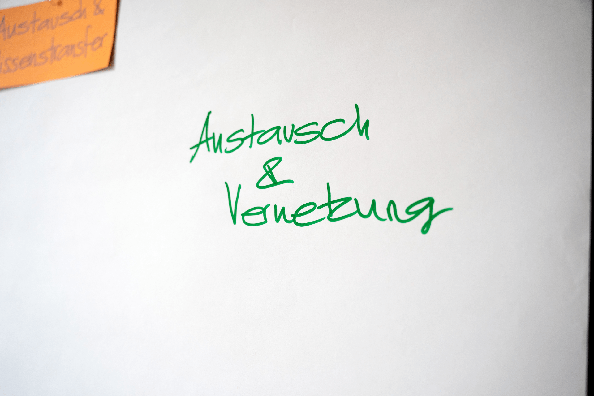 Eine Nahaufnahme einer weißen Moderationswand. In der Mitte steht mit einem grünen Filzstift in handschriftlichen Druckbuchstaben der Begriff „Austausch & Vernetzung“. Oben links im Bild ist zudem ein kleiner Teil einer orangefarbenen Moderationskarte zu erkennen, auf der Fragmente der Wörter „Austausch & Wissenstransfer“ zu lesen sind. Der Fokus liegt klar auf der zentralen grünen Schrift.