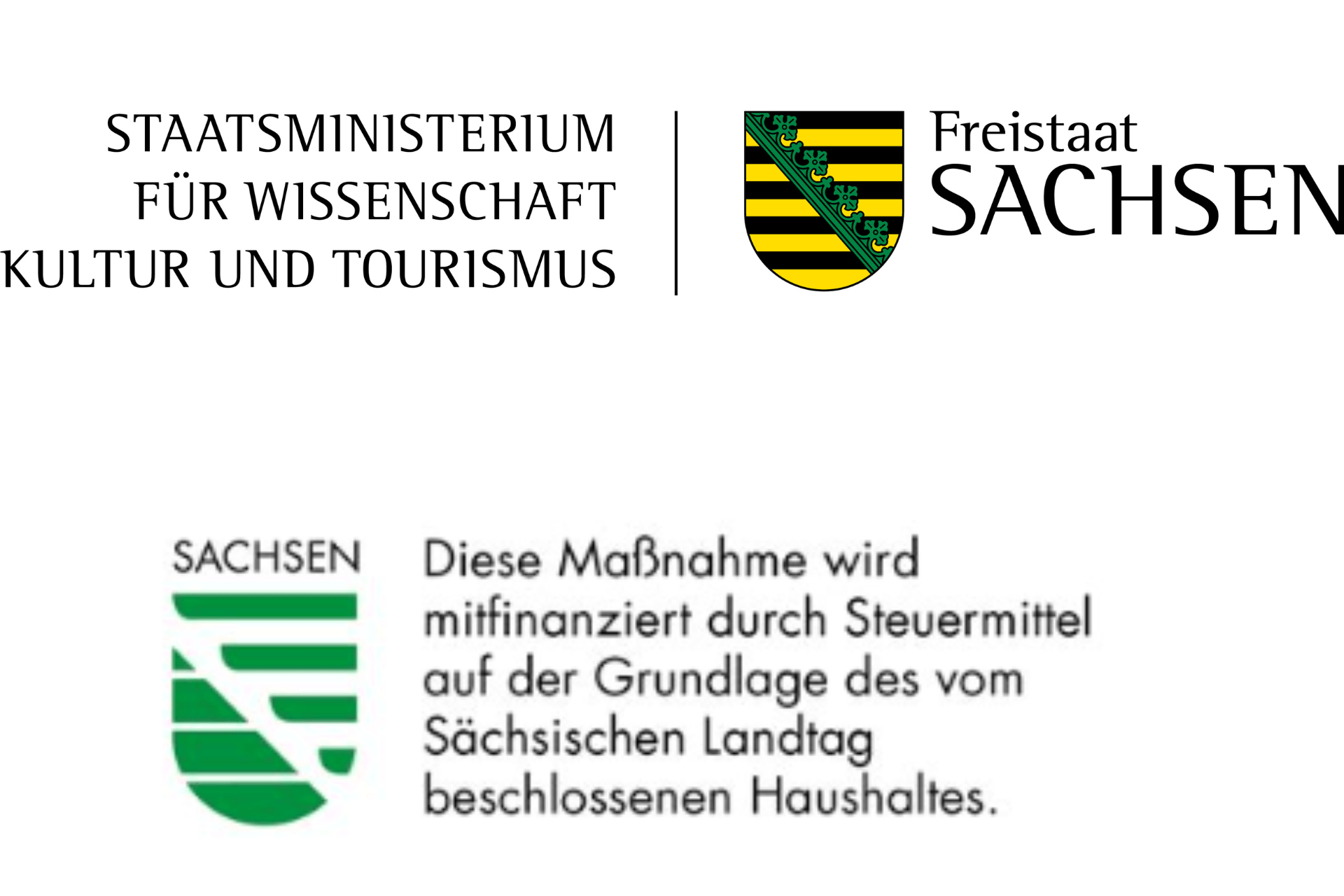 Förderhinweis Freistaat Sachsen mit Wappen und Text zur Mitfinanzierung durch Steuermittel.