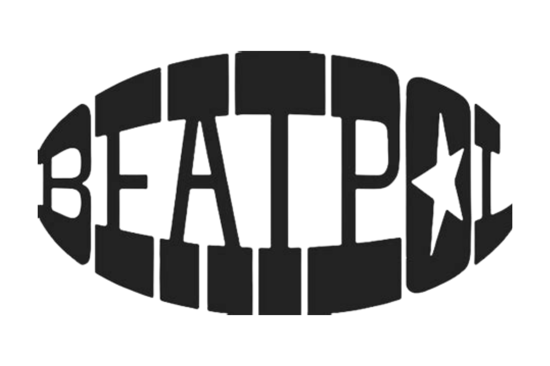 Logo mit dem Schriftzug 'BEATPUNK', wobei die Buchstaben in einer ovalen, horizontal gestreckten Form angeordnet sind. Das 'U' ist durch einen fünfzackigen Stern ersetzt. Der gesamte Schriftzug ist in einer serifenlosen, schwarzen Schriftart auf weißem Hintergrund gestaltet.