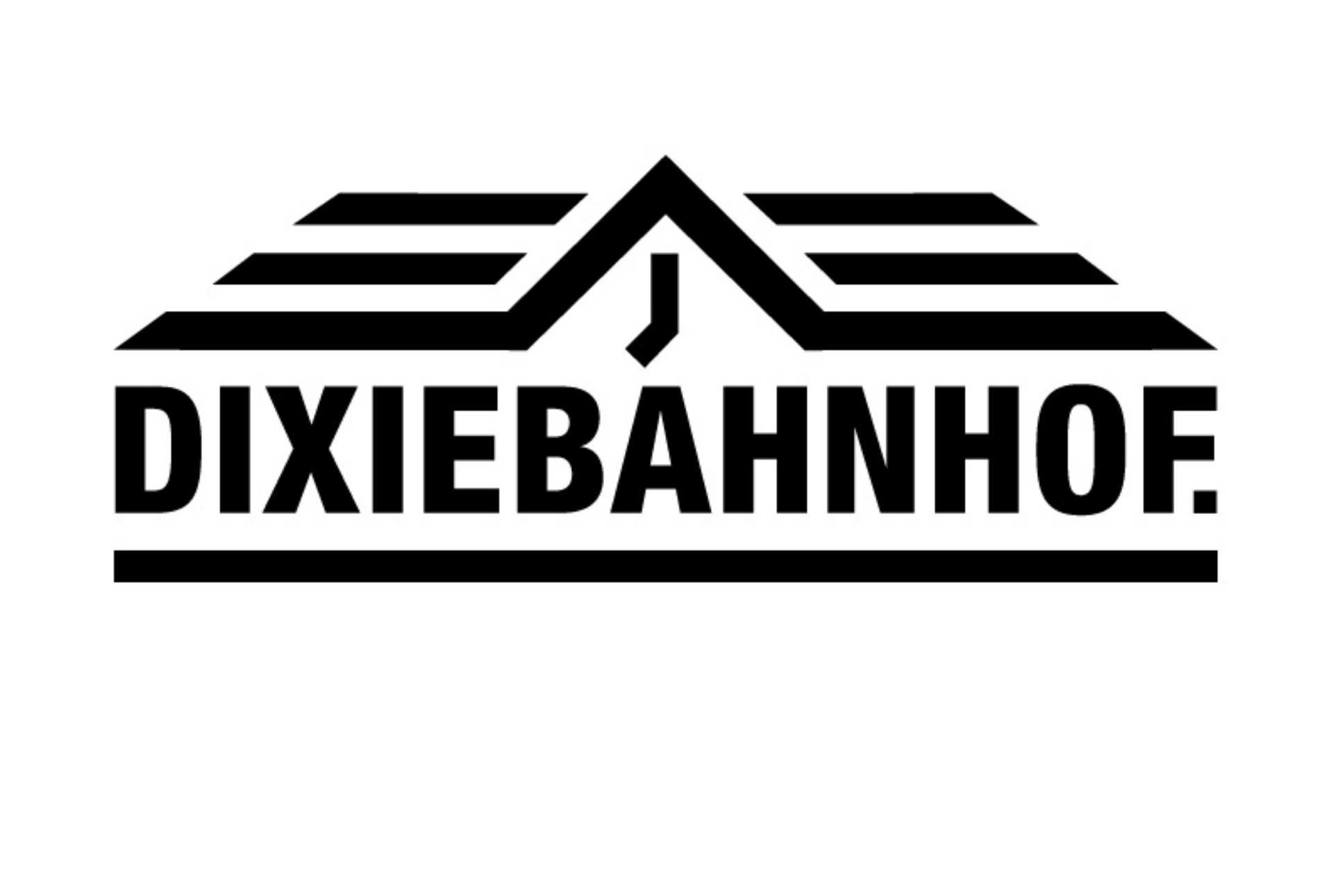 Das Logo für den ‚DIXIEBAHNHOF‘ zeigt den Schriftzug in einer serifenlosen, schwarzen Blockschrift, über der sich eine stilisierte Dachkonstruktion aus mehreren horizontalen Linien befindet, die an ein Bahnhofs- oder Gebäudegebälk erinnern. Alles ist auf einem weißen Hintergrund platziert.