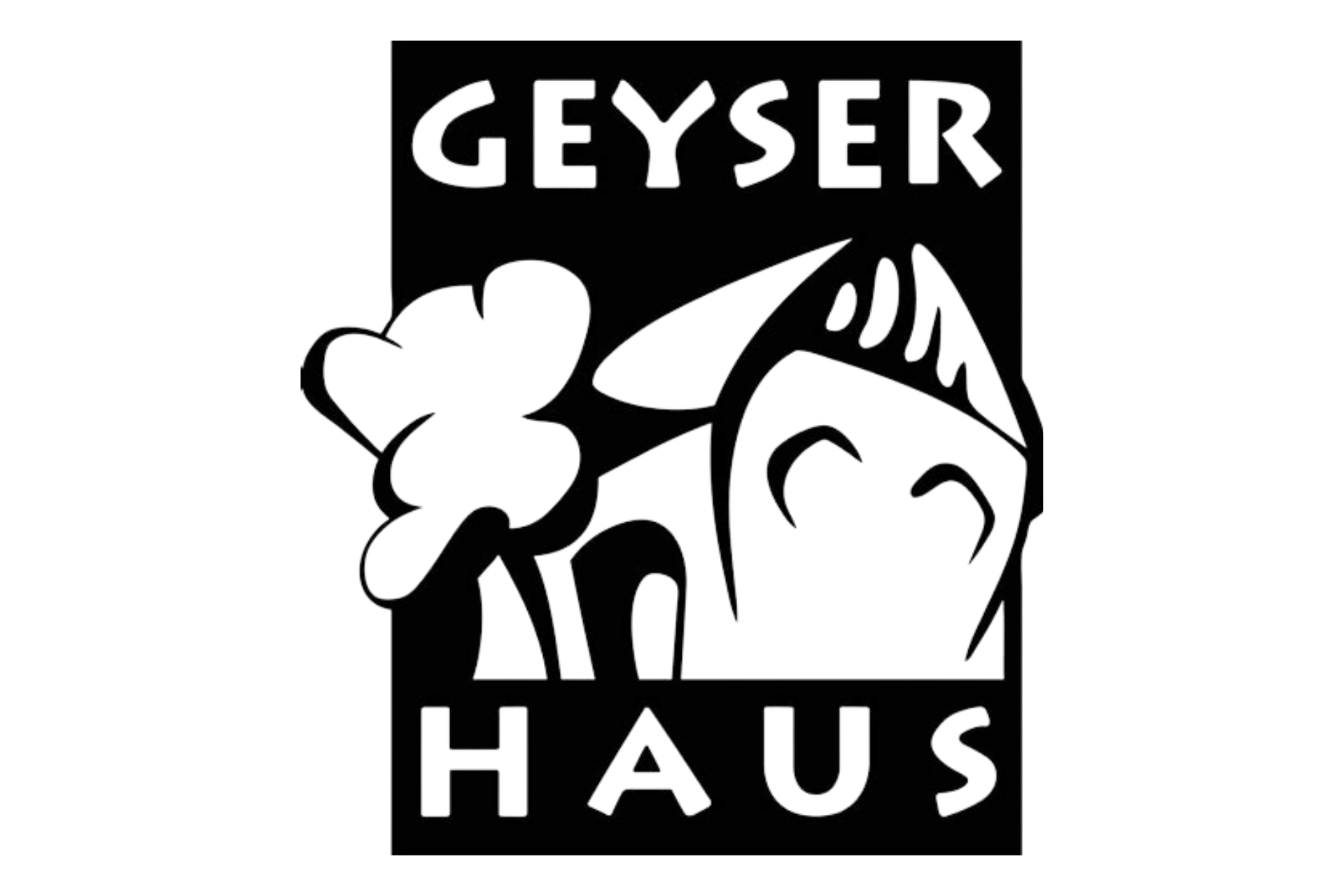 Das Logo für das „GEYSERHAUS“ besteht aus einem schwarzen, rechteckigen Hintergrund, auf dem ein stilisierter Gebäudekomplex und ein Baum in Weiß dargestellt sind. Der Schriftzug „GEYSER“ befindet sich in weißen Großbuchstaben oberhalb der Grafik, während das Wort „HAUS“ in der gleichen Schriftart und Farbe darunter platziert ist.