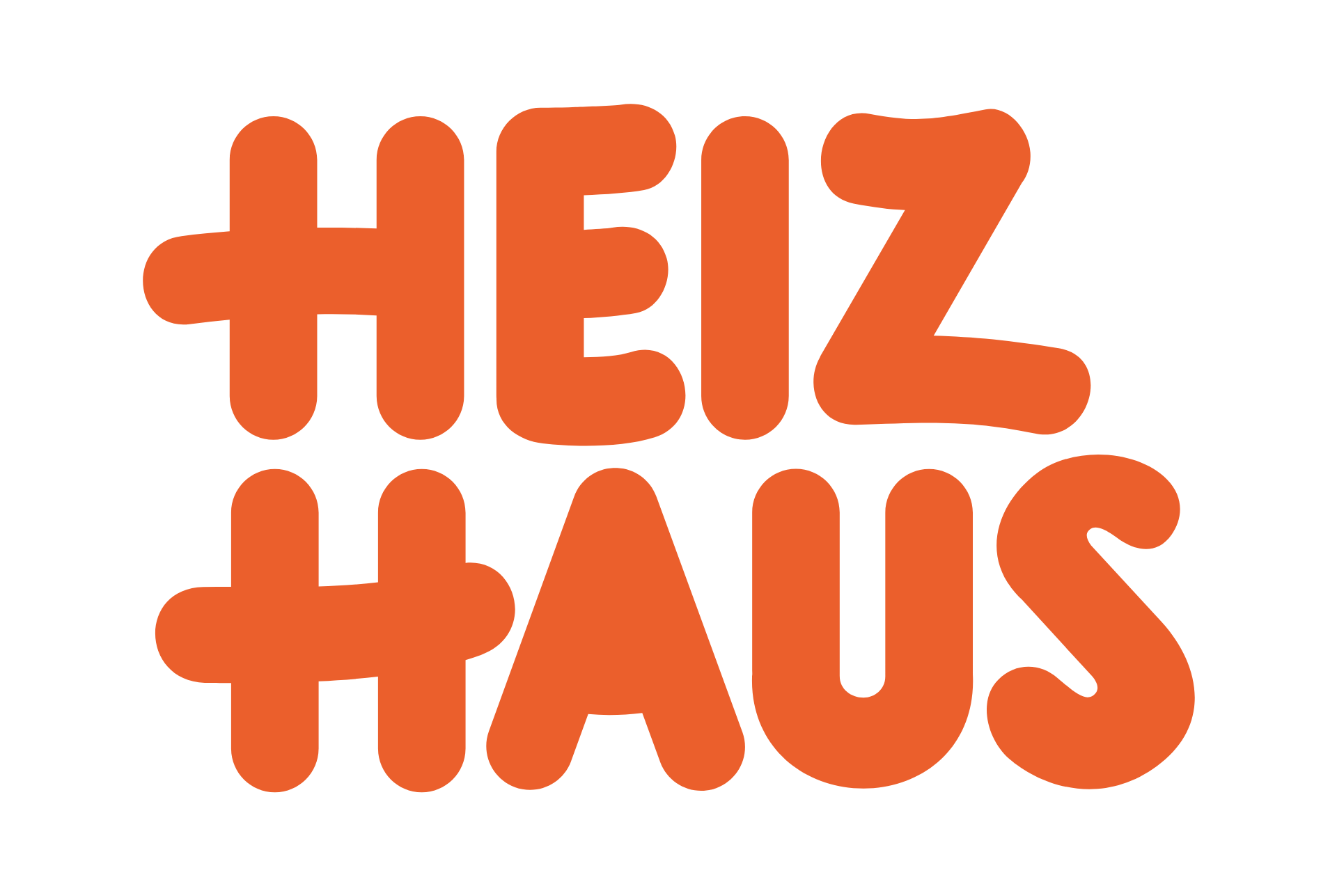 Das Logo zeigt den zweizeiligen Schriftzug „HEIZ HAUS“ in einer fetten, abgerundeten, orangefarbenen Schriftart auf weißem Hintergrund. Vor dem „H“ in der ersten Zeile sowie vor dem „H“ in der zweiten Zeile ist jeweils ein stilisiertes, ebenfalls orangefarbenes Plus-Zeichen angeordnet, das optisch mit dem jeweiligen „H“ verschmilzt.