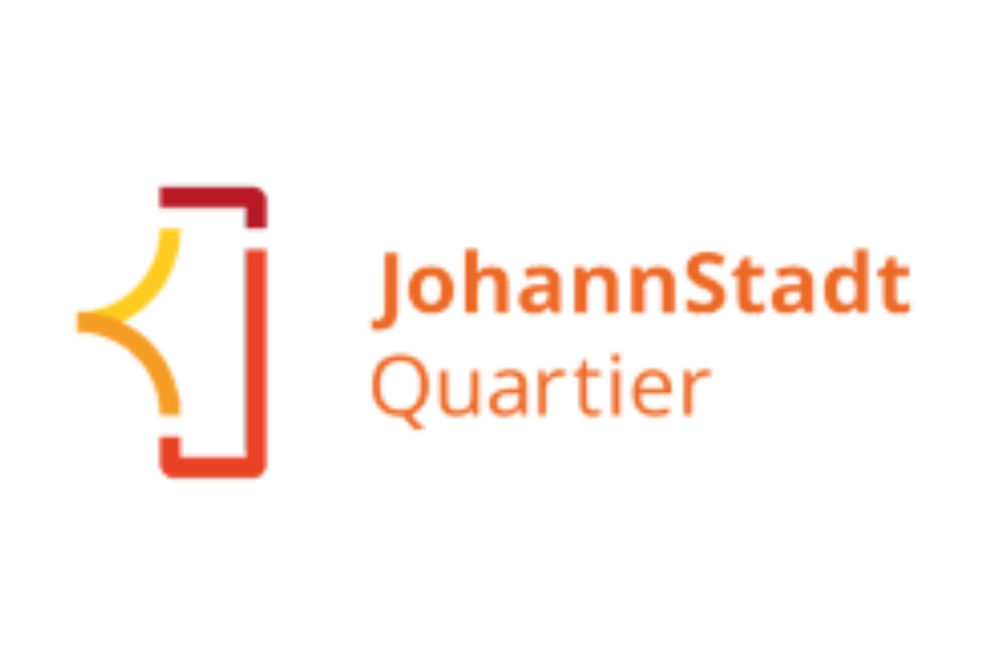 Das Logo für „JohannStadtQuartier“ zeigt links ein abstraktes Symbol, das aus einem dunkelroten, abgewinkelten Element und einem nach links gerichteten, gelben Bogen zusammengesetzt ist. Rechts daneben steht der zweizeilige Schriftzug „JohannStadt“ in einer orangen und „Quartier“ in einer helleren, orangefarbenen Schrift auf weißem Hintergrund.