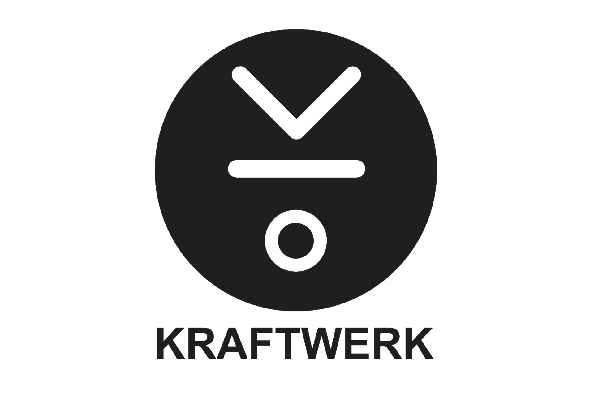 Das Logo zeigt einen schwarzen Kreis, in dem ein weißes, abstraktes Symbol aus einem nach unten gerichteten Winkel, einem horizontalen Strich und einem Kreis darunter abgebildet ist. Unter dem Kreis steht der Schriftzug „KRAFTWERK“ in einer serifenlosen, schwarzen Blockschrift.
