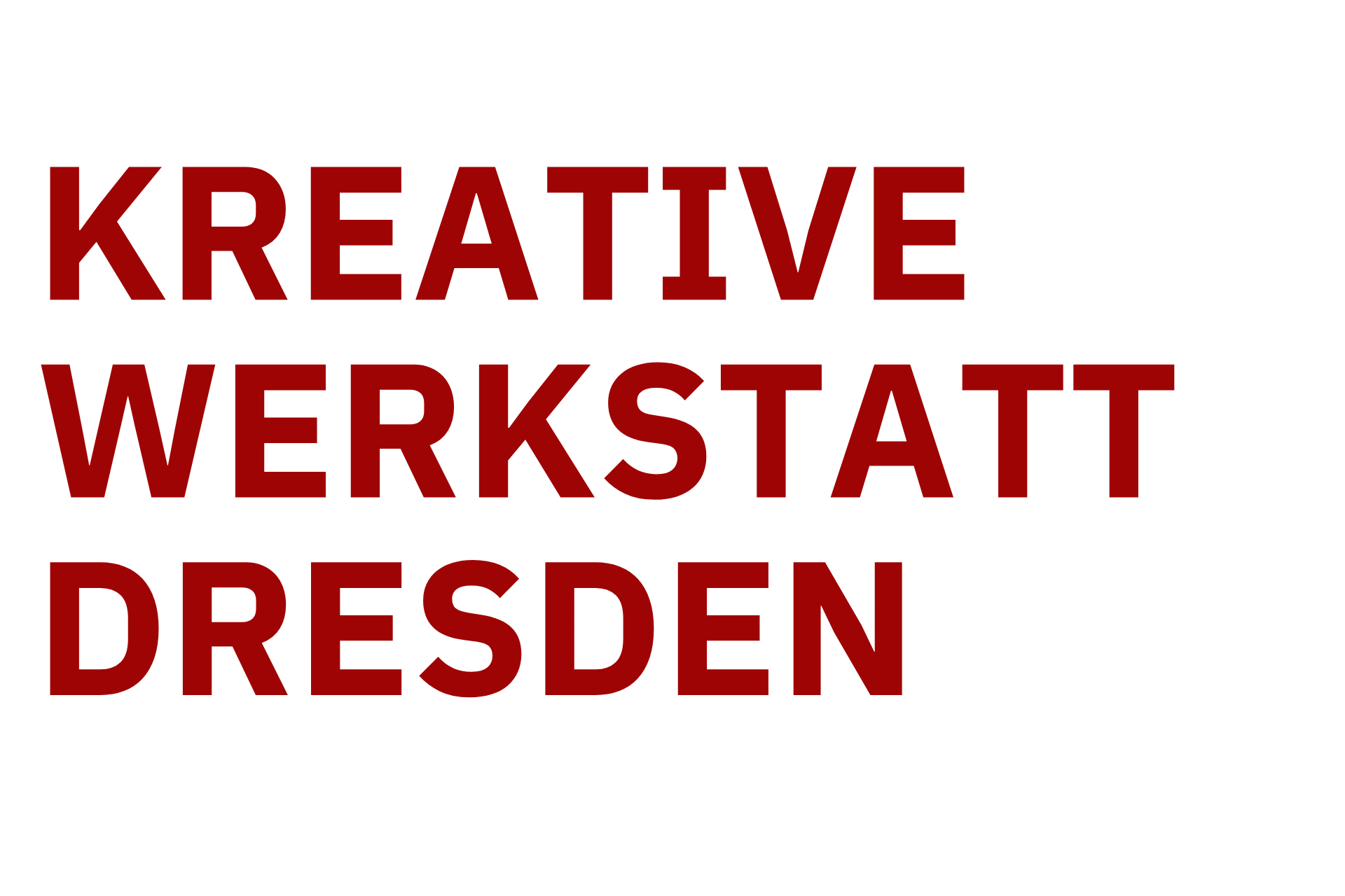  Gemini hat gesagt Das Logo für die „Kreative Werkstatt Dresden“ besteht aus dem dreizeiligen Schriftzug in einer kräftigen, dunkelroten, serifenlosen Blockschrift auf weißem Hintergrund. Die Wörter „KREATIVE“, „WERKSTATT“ und „DRESDEN“ sind dabei untereinander zentriert angeordnet.