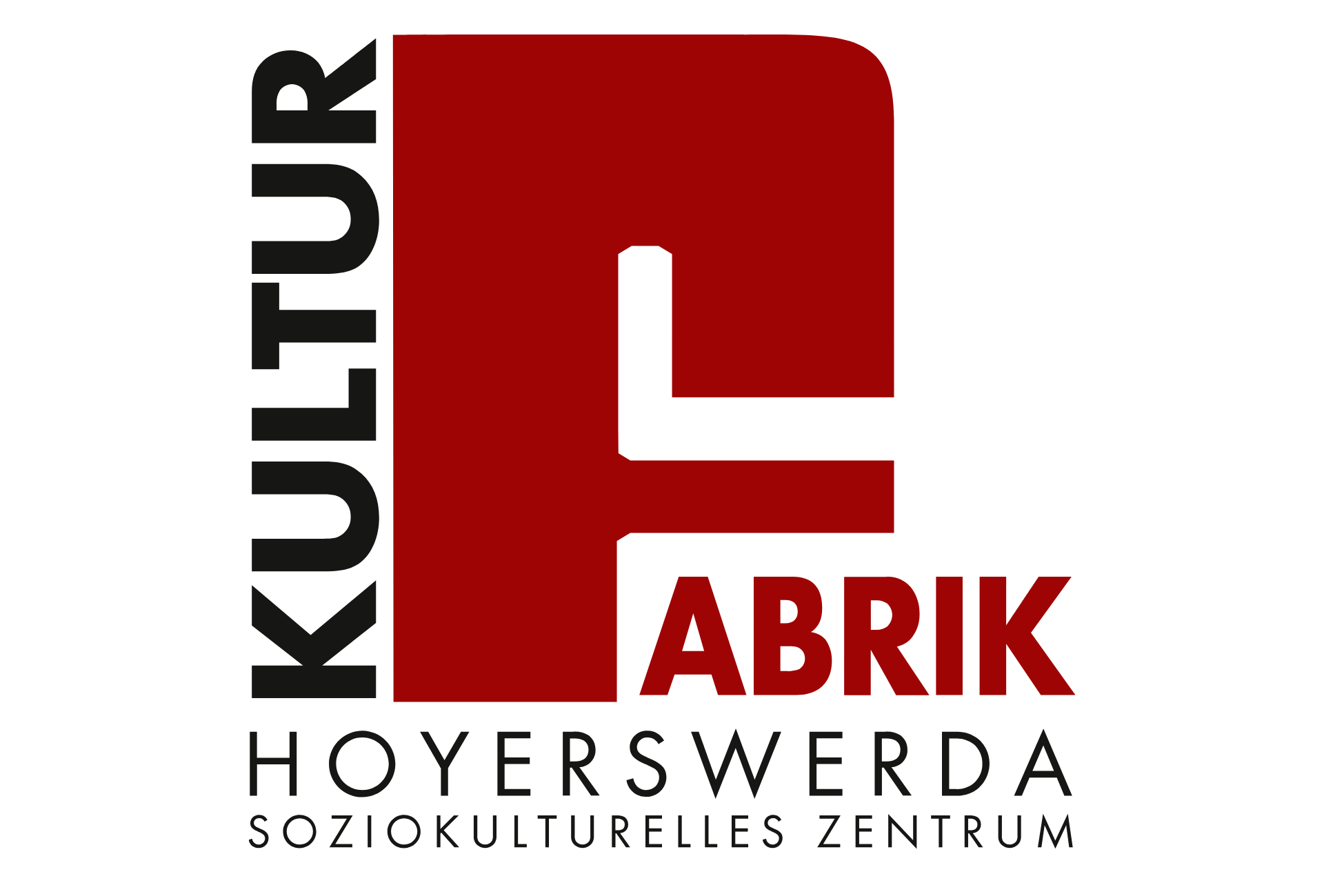  Gemini hat gesagt Das Logo der „Kulturfabrik Hoyerswerda“ zeigt als zentrales Element ein großes, stilisiertes, dunkelrotes „F“, das sowohl als Buchstabe als auch als abstraktes Formelement fungiert. Der Begriff „KULTUR“ ist vertikal am linken Rand des „F“ in schwarzer, serifenloser Schrift platziert, während „ABRIK“ horizontal in dunkelroter Schrift unter dem horizontalen Balken des „F“ steht. Darunter befindet sich in schwarzer, schlichter Schrift die zweizeilige Ergänzung „HOYERSWERDA“ und „SOZIOKULTURELLES ZENTRUM“.