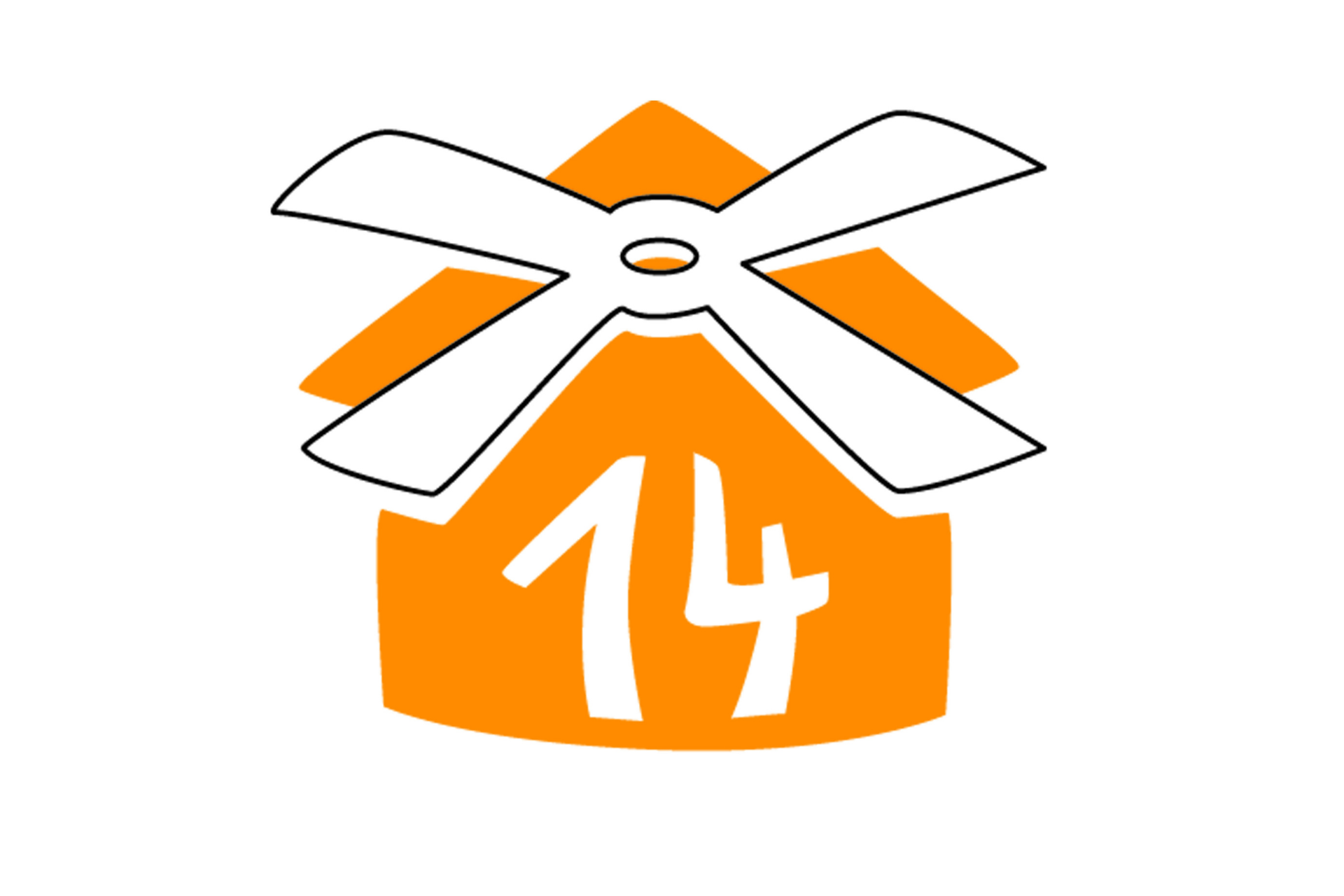  Gemini hat gesagt Das Logo zeigt ein orangefarbenes Symbol in Form eines stilisierten Hauses mit einem Spitzdach. Auf dem Dach liegt eine weiße, vierflügelige Windmühlen-Grafik, die schwarz umrandet ist. In der Mitte der Hausfront ist die weiße Ziffer „14“ in einer geschwungenen Schriftart dargestellt.