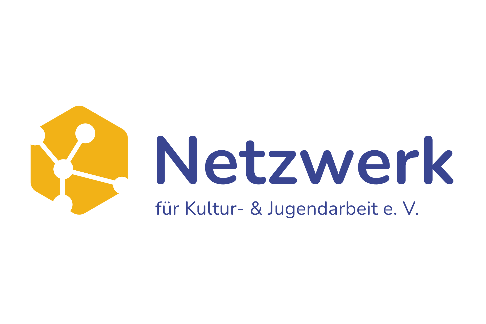  Gemini hat gesagt Das Logo für das „Netzwerk für Kultur- & Jugendarbeit e. V.“ besteht aus einer gelben Grafik auf der linken Seite und einem zweizeiligen Schriftzug rechts daneben. Die Grafik zeigt ein gelbes Sechseck, in dem weiße Linien und Punkte ein abstraktes Netzwerk-Symbol bilden. Der Schriftzug besteht aus dem Wort „Netzwerk“ in einer großen, dunkelblauen und serifenlosen Schrift. Direkt darunter steht in kleineren, ebenfalls dunkelblauen Buchstaben die Ergänzung „für Kultur- & Jugendarbeit e. V.“.