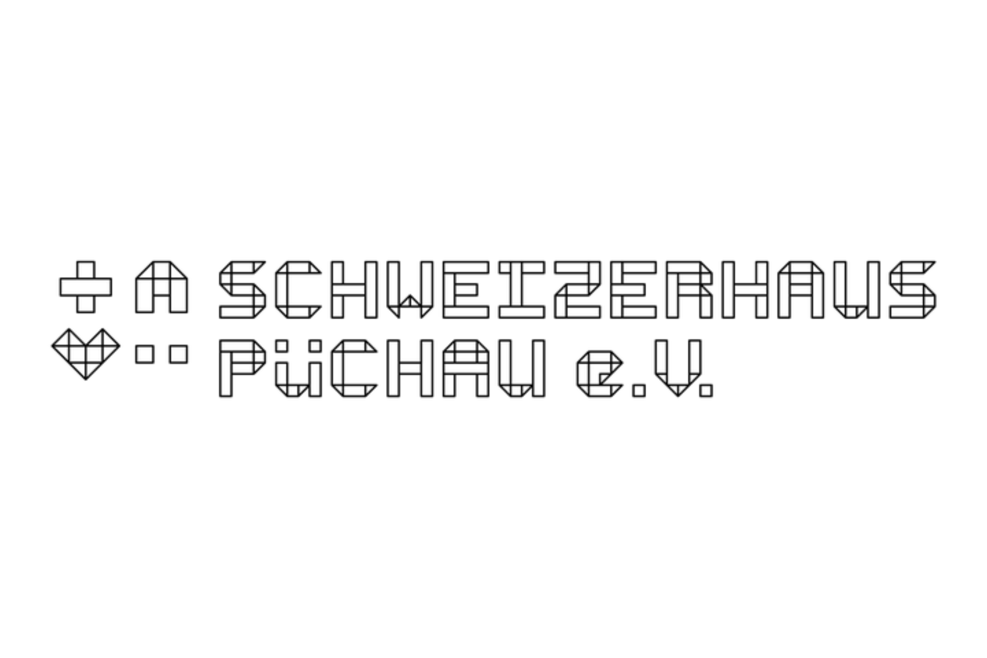 Das Logo des Vereins „Schweizerhaus Püchau e.V.“ ist in einem minimalistischen, geometrischen Stil gestaltet und besteht ausschließlich aus schwarzen Umrisslinien auf weißem Hintergrund. Der Aufbau des Logos ist wie folgt: Grafische Symbole: Auf der linken Seite befinden sich vier kleine, stilisierte Symbole, die aus Rauten und Dreiecken zusammengesetzt sind: ein Pluszeichen, ein Haus-Symbol, ein Herz und zwei kleine Quadrate. Schriftzug: Rechts daneben steht der Vereinsname in zwei Zeilen. Die obere Zeile lautet „SCHWEIZERHAUS“, die untere „PÜCHAU e.V.“. Typografie: Die Buchstaben sind in einer speziellen Blockschrift gestaltet, bei der jeder Buchstabe aus einzelnen geometrischen Segmenten (vornämlich Dreiecken und Vierecken) zusammengesetzt ist, was an ein Mosaik oder ein Konstruktionsspiel erinnert.