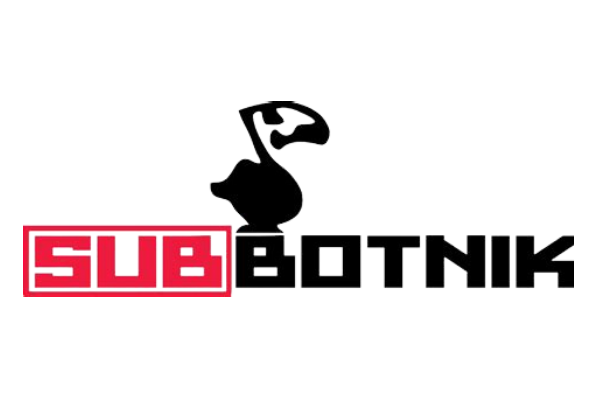 Das Logo für das Projekt „SUBBOTNIK“ ist kontrastreich in den Farben Rot und Schwarz auf weißem Hintergrund gestaltet. Es kombiniert eine markante Bildmarke mit einem zweigeteilten Schriftzug. Der Aufbau des Logos im Detail: Bildmarke: Zentral im oberen Teil befindet sich eine schwarze, stilisierte Silhouette, die an einen Schwan oder eine Ente mit einem auffällig geformten, breiten Kopf erinnert. Die Form wirkt abstrakt und künstlerisch. Schriftzug: Darunter steht das Wort „SUBBOTNIK“ in einer sehr fetten, eckigen Blockschrift, die an einen digitalen oder industriellen Stil erinnert. Farbliche Trennung: Die erste Silbe „SUB“ ist in Weiß gehalten und wird von einem roten, rechteckigen Kasten umschlossen. Der restliche Teil des Namens, „BOTNIK“, steht in massiven schwarzen Buchstaben daneben.