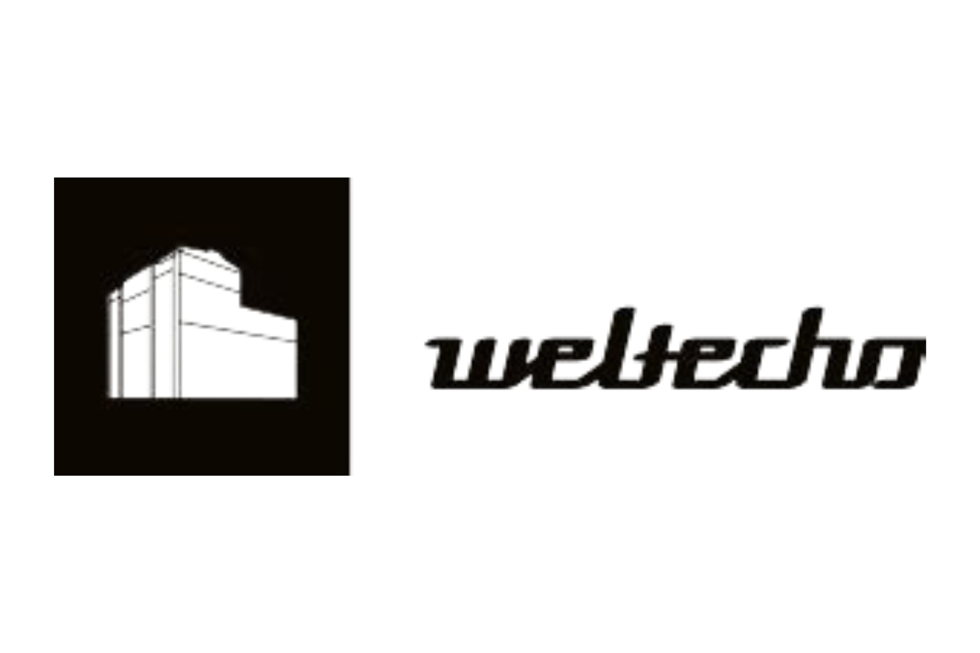 Das Logo für das Kulturzentrum „Weltecho“ ist in einem klaren Schwarz-Weiß-Kontrast gestaltet und besteht aus einer quadratischen Bildmarke sowie einem rechts daneben platzierten Schriftzug. Hier sind die Details für den Alternativtext: Bildmarke: Auf der linken Seite befindet sich ein schwarzes Quadrat. Darin ist in weißen Linien die schematische, perspektivische Ansicht eines Industriegebäudes oder einer Fabrikhalle dargestellt. Schriftzug: Rechts daneben steht das Wort „weltecho“ in Kleinbuchstaben. Typografie: Die Schriftart ist markant, fett und serifenlos. Die Buchstaben sind leicht kursiv gesetzt und weisen eckige, fast futuristisch anmutende Formen auf.