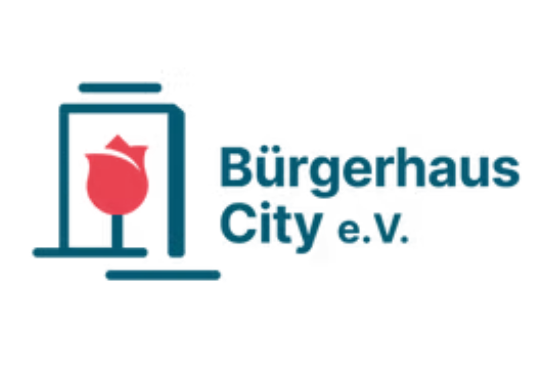 Das Logo des Vereins Bürgerhaus City e.V. ist auf einem weißen Hintergrund gestaltet und kombiniert eine grafische Bildmarke mit einem zweizeiligen Schriftzug. Hier sind die Details für den Alternativtext: Bildmarke: Auf der linken Seite befindet sich eine stilisierte, rote Rosenblüte. Diese ist von einer dunkelblauen, rechteckigen Rahmenkonstruktion umschlossen, die aus mehreren versetzten Linien besteht und an die Silhouette eines Hauses oder Tores erinnert. Schriftzug: Rechts neben der Grafik steht der Name des Vereins. In der oberen Zeile steht das Wort „Bürgerhaus“, darunter „City e.V.“. Typografie und Farbe: Der Text ist in einer modernen, serifenlosen Schriftart verfasst. Die Farbe des Schriftzugs entspricht dem Dunkelblau der grafischen Umrandung.