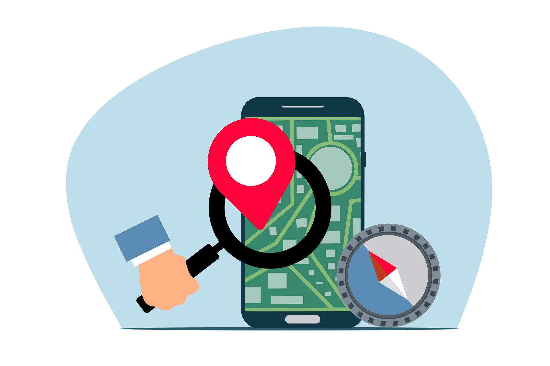 Illustration zur Standortsuche mit Smartphone, Lupe, Pin und Kompass auf blauem Hintergrund.