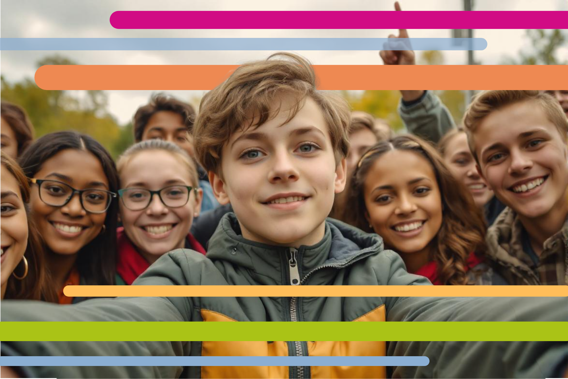 Eine Gruppe von fröhlichen Jugendlichen steht zusammen im Freien und lächelt in die Kamera. Ein Junge in der Mitte nimmt ein Selfie auf. Die Gruppe besteht aus verschiedenen Geschlechtern und ethnischen Hintergründen, alle sichtbar erfreut und vereint. Bunte horizontale Linien verlaufen über das Bild.